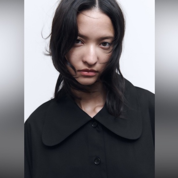 Zara Big Collar Poplin Bubble Hem Dress in Black W2163 Sz S - Picture 6 of 11